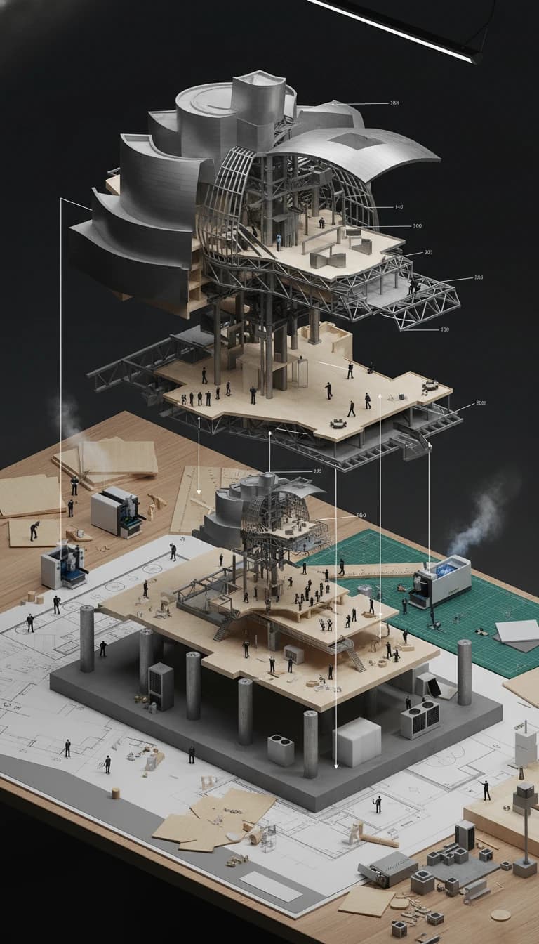 Exploded architectural diorama with miniature builders, showcasing Nano Banana 2 AI image generator output