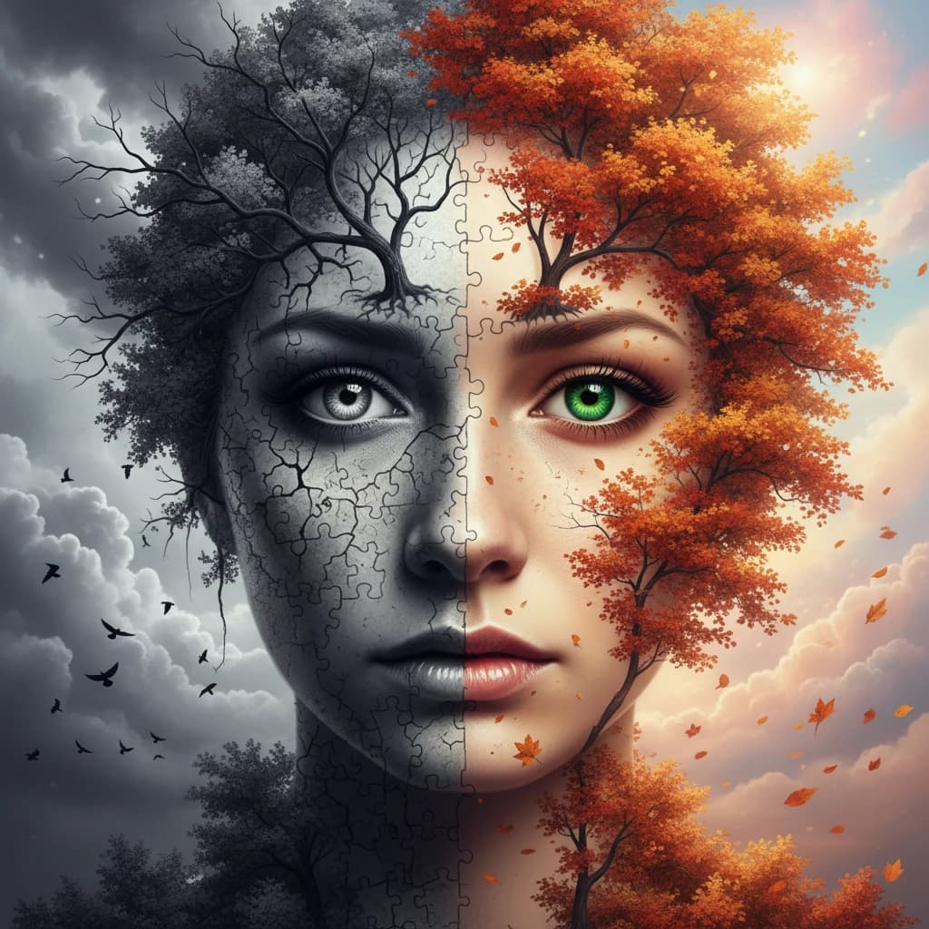 Half darkness half hope double exposure portrait, showcasing emotional contrast in Nano Banana 2 AI image generator