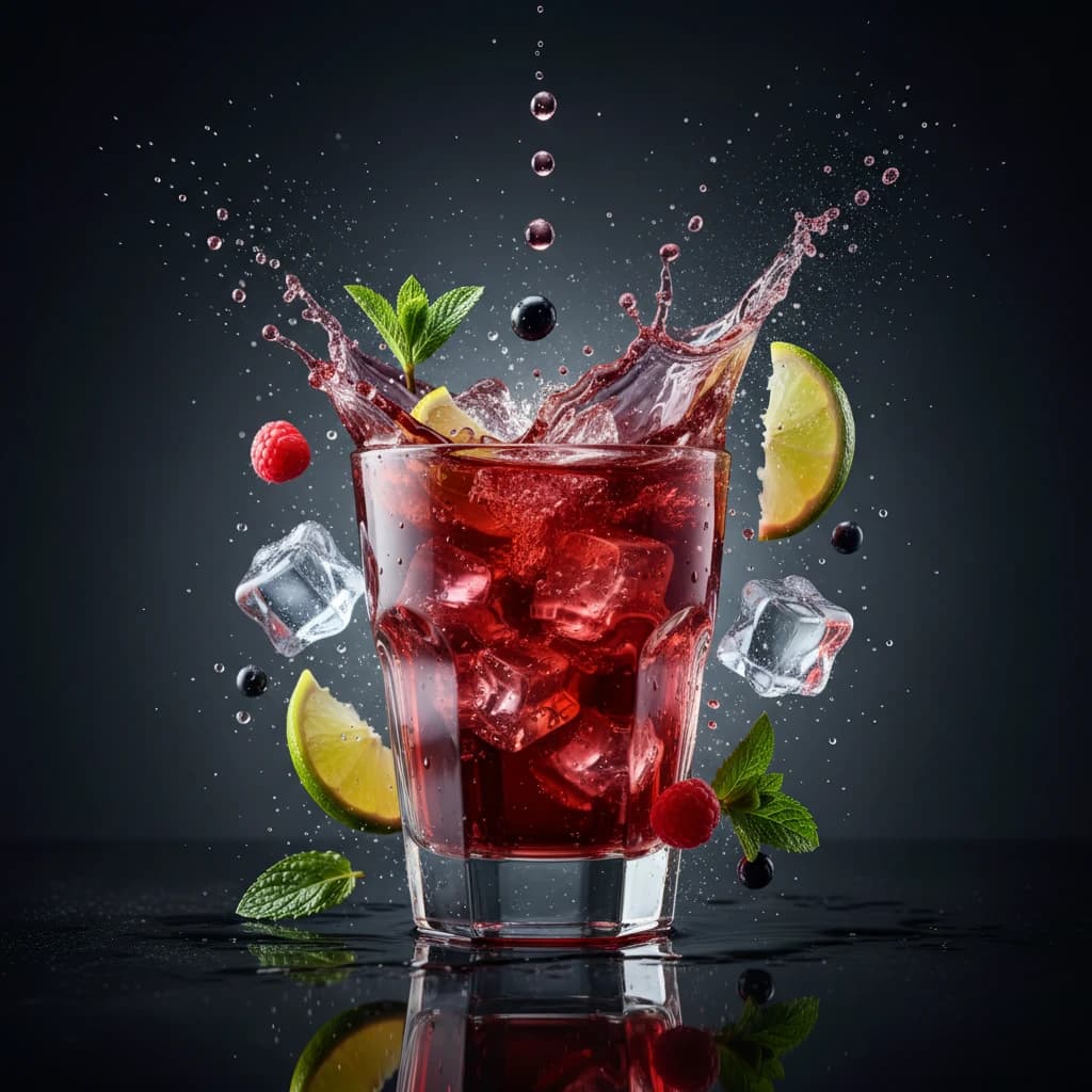 Floating cocktail and splashing ingredients showing commercial food styling with Nano Banana 2 AI image generator