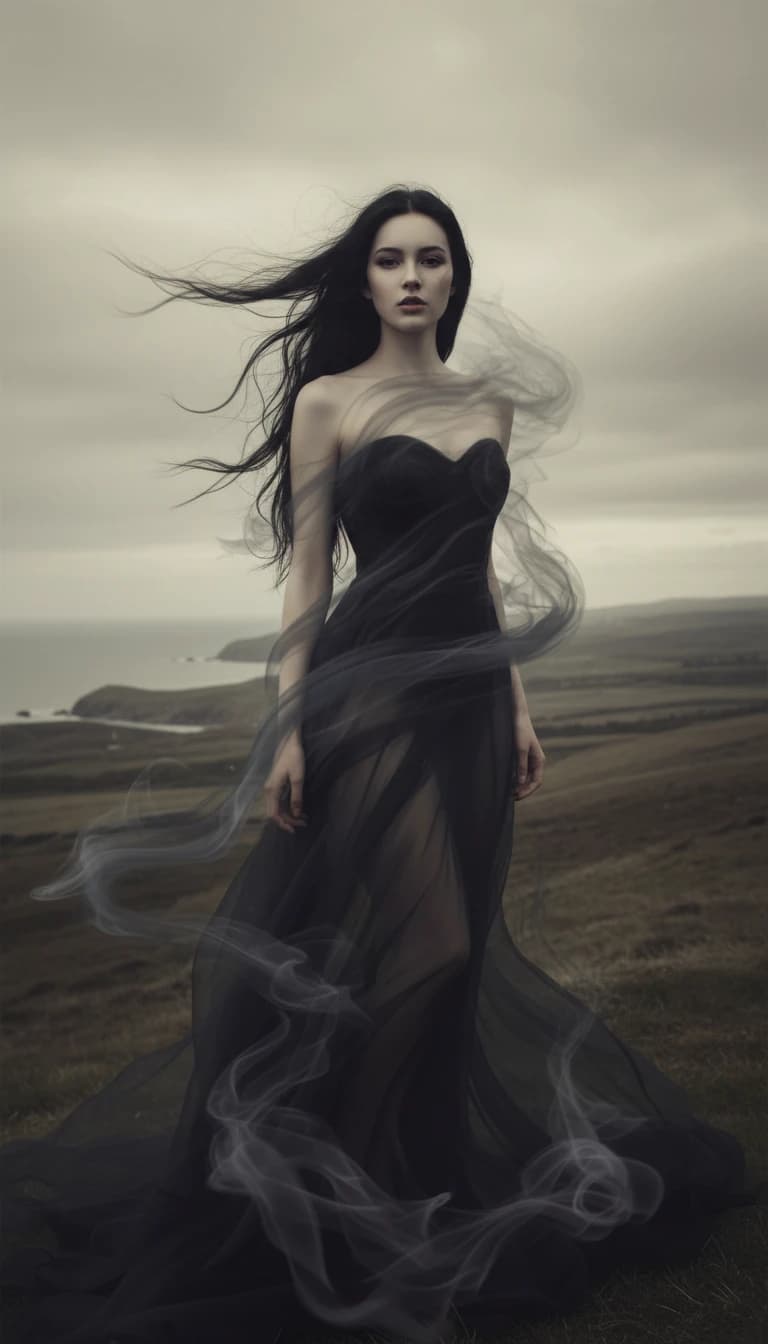 Gothic girl portrait in wind and smoke, showing fine-art mood creation in Nano Banana 2 AI image generator
