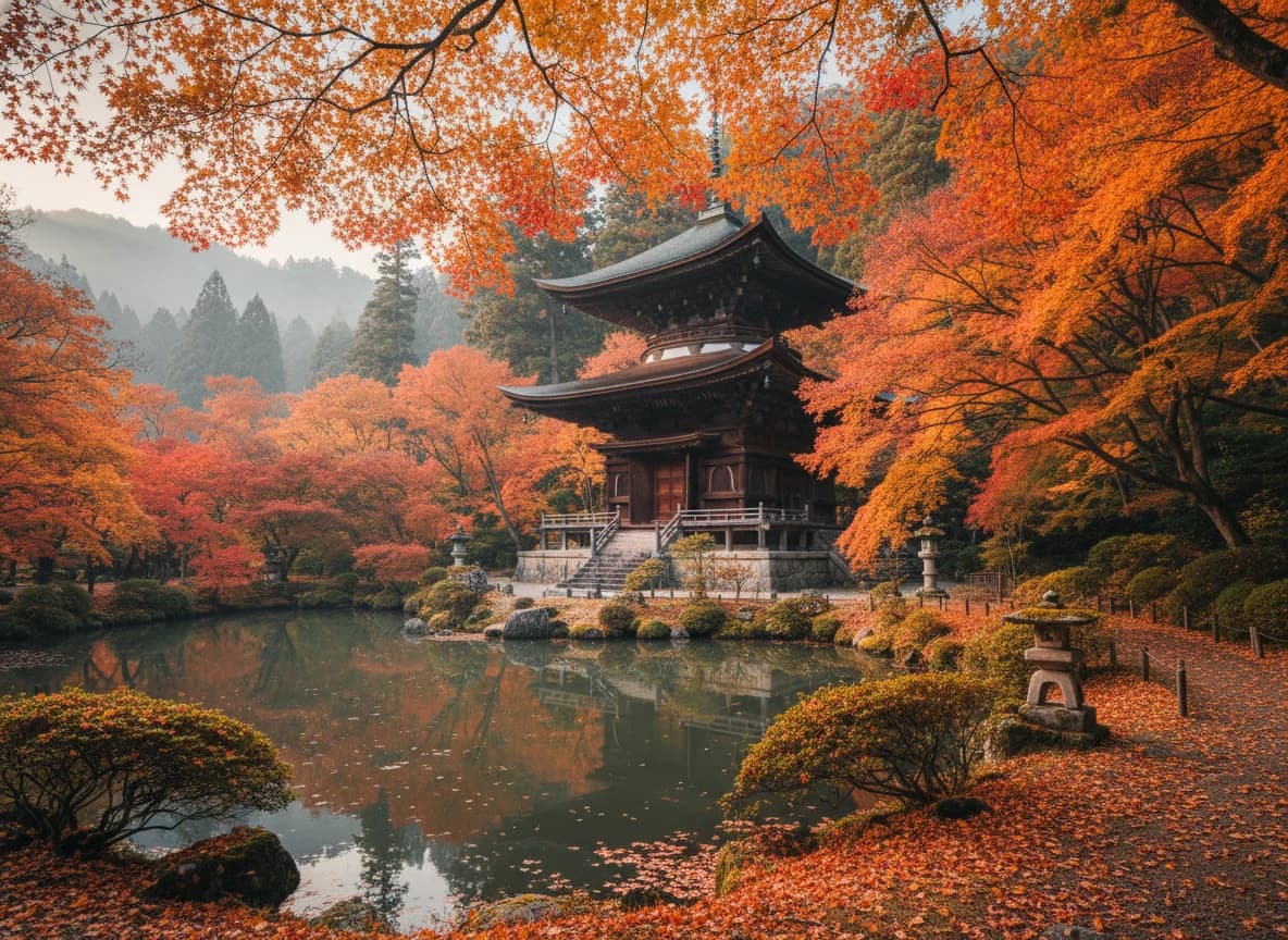 Japanese temple framed by autumn maple leaves, showing scenic composition from Nano Banana 2 AI image generator