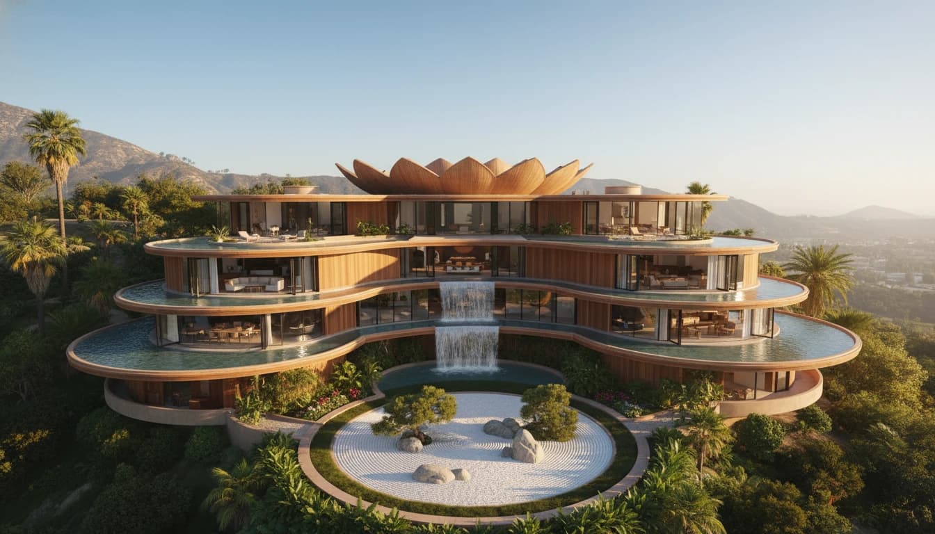 Lotus inspired midcentury modern mansion render from Nano Banana 2 AI image generator showcase